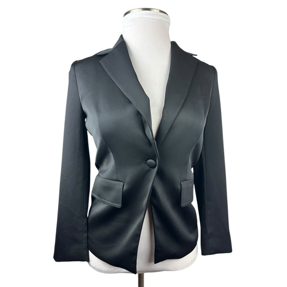 Black Label by Chico's Suit Separate One-Button Blazer Jacket Black Sleek Size 4 - Picture 2 of 9